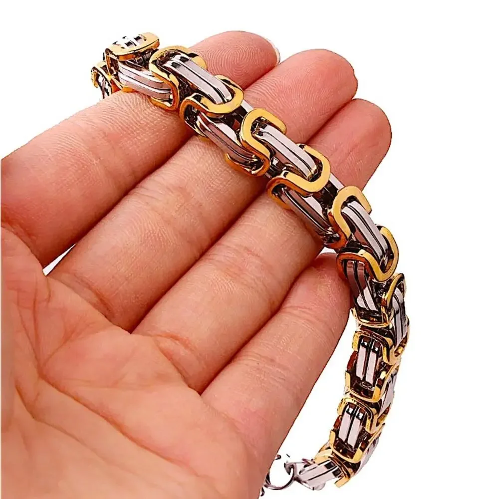STAINLESS STEEL BYZANTINE MECHANIC SILVER GOLD BIKER BRACELET